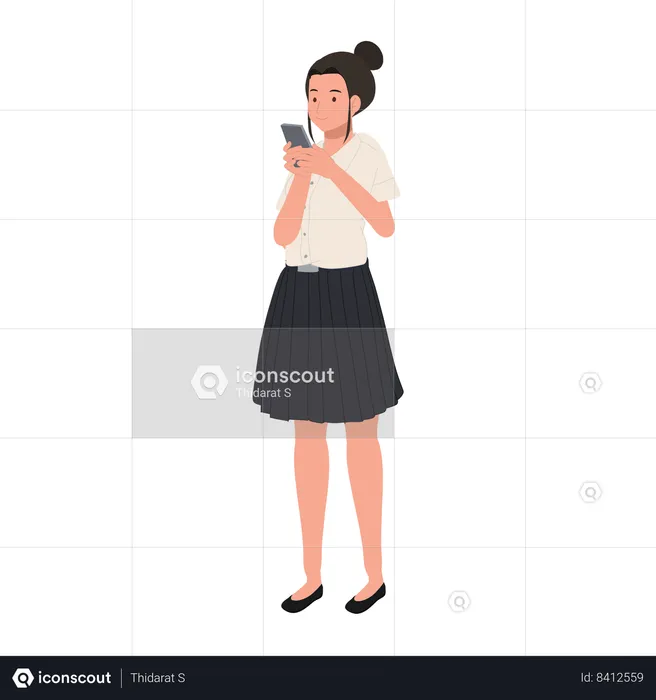 Estudante universitário tailandês de uniforme está enviando mensagens no smartphone  Ilustração