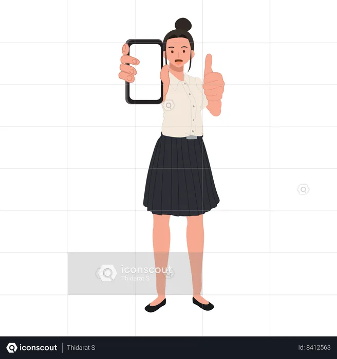 Estudante universitário tailandês de uniforme expressando sucesso com smartphone e polegar para cima  Ilustração