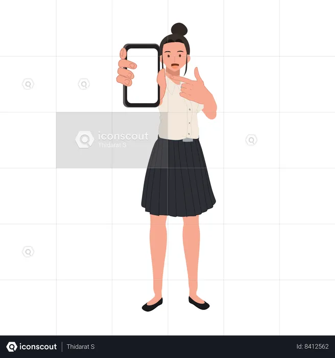 Estudante universitário tailandês de uniforme mostrando telefone  Ilustração