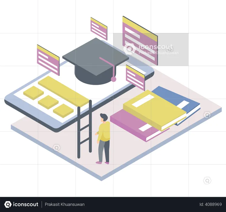 Aluno usando aplicativo móvel para formatura  Ilustração