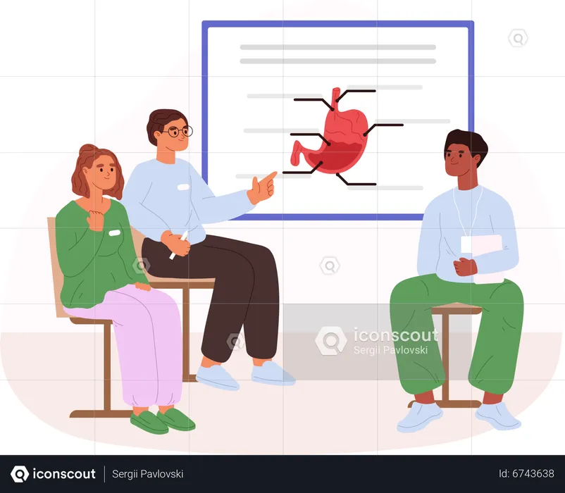 Estudantes de medicina em sala de aula discutem anatomia do estômago  Ilustração