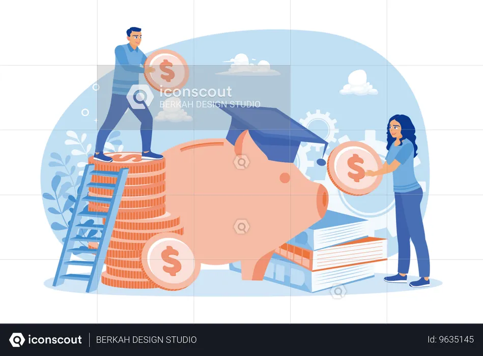 Estudantes e estudantes economizam em cofrinhos  Ilustração