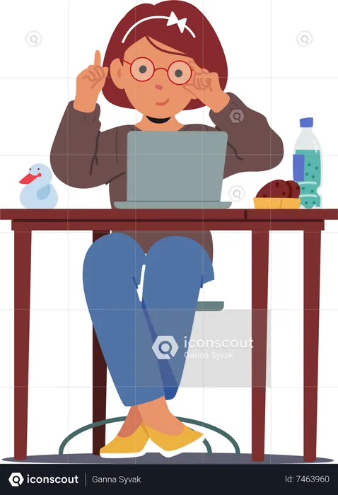 Chica estudiante con gafas sentada en el escritorio  Ilustración