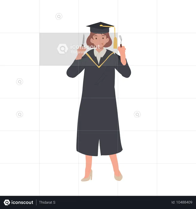 Estudiante con toga de graduación y cuchillo y tenedor  Ilustración