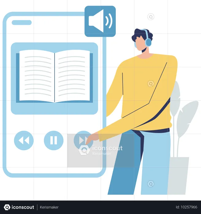 Estudiante escuchando un audiolibro en una aplicación móvil  Ilustración