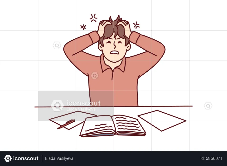 Estudiante varón que tiene estrés de estudio  Ilustración