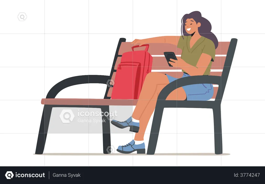 Mujer estudiante sonriente sosteniendo el teléfono celular en un banco  Ilustración