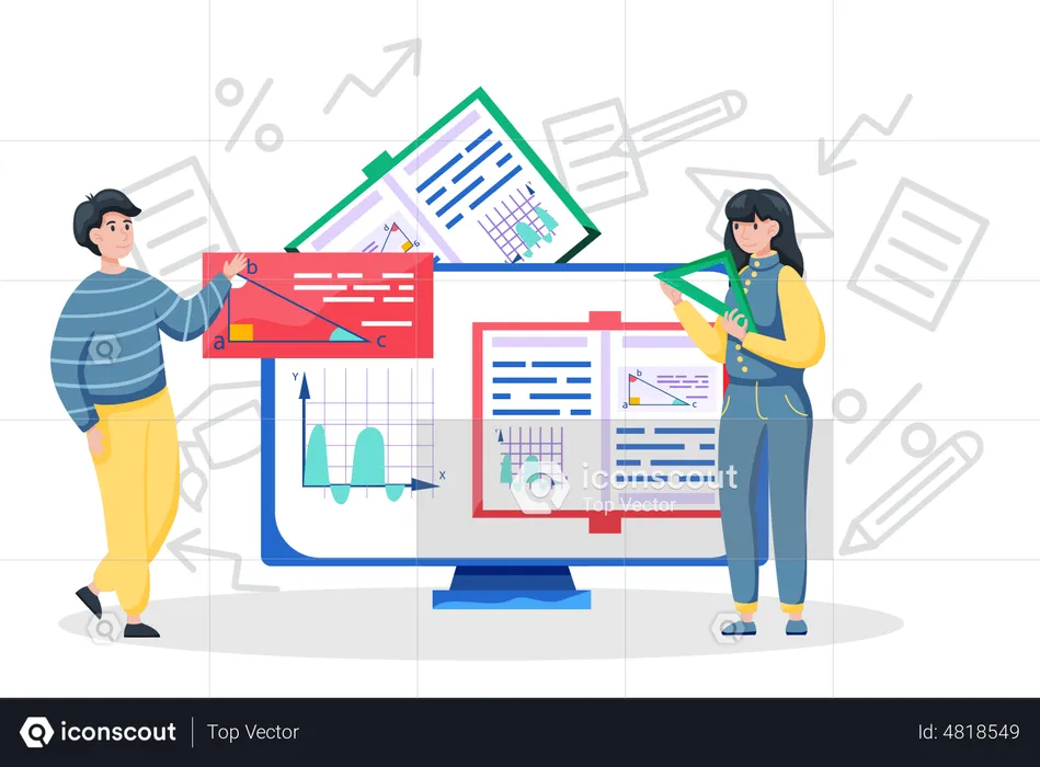 Los estudiantes aprenden matemáticas en la plataforma de aprendizaje.  Ilustración