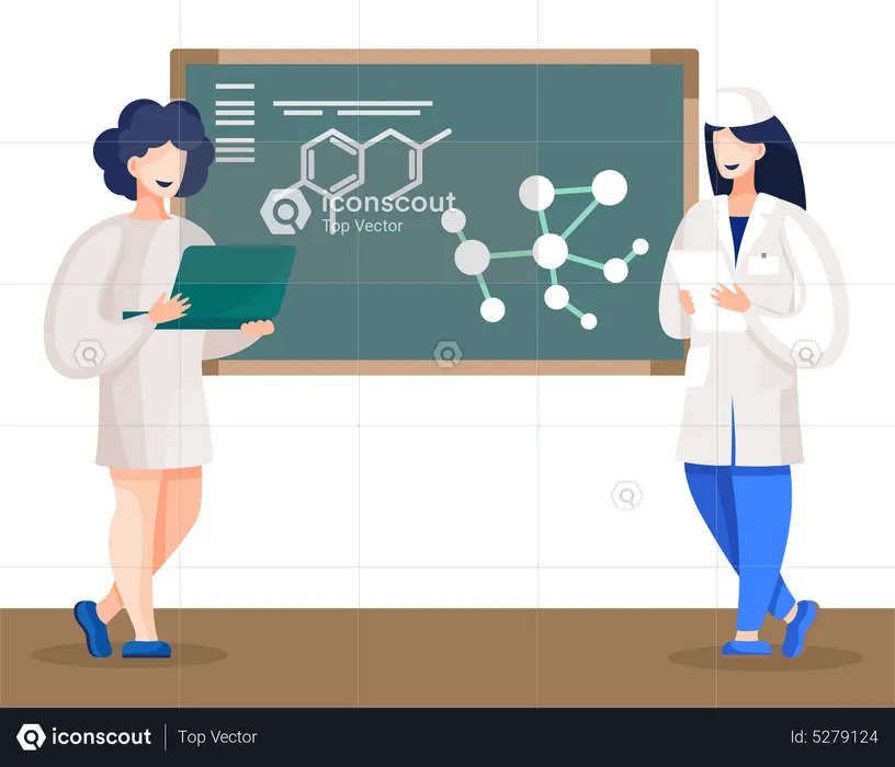 Estudiantes de química están junto a la pizarra con molécula  Ilustración