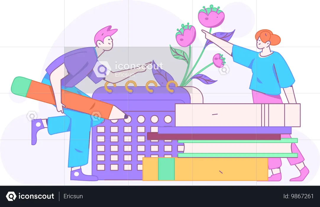 Estudiantes haciendo horario de estudio.  Ilustración