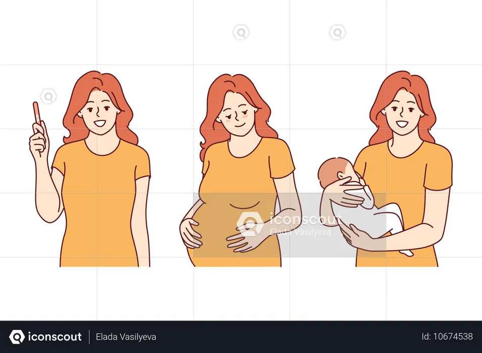 Etapas de la maternidad y el embarazo en la mujer que sostiene la prueba de embarazo y el bebé en las manos  Ilustración