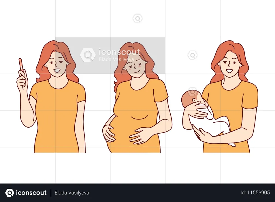 Etapas de la maternidad y el embarazo en la mujer que sostiene la prueba de embarazo y el bebé en las manos  Ilustración