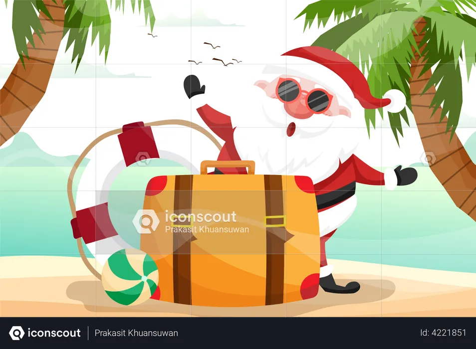 Père Noël d'été avec bagages et bouée, il se repose sur la plage de l'océan tropical  Illustration