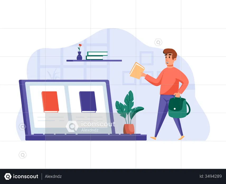 Étudiant sélectionnant un ebook en ligne sur le site Web  Illustration