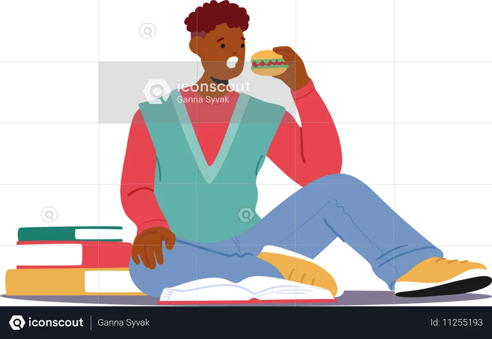 Un étudiant universitaire est assis tout en savourant un hamburger et en étudiant  Illustration