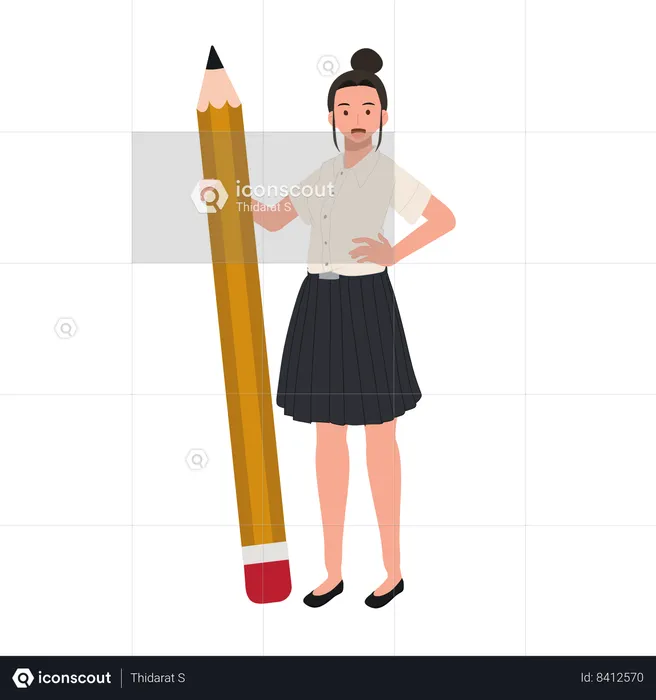 Étudiant universitaire en uniforme avec un gros crayon  Illustration