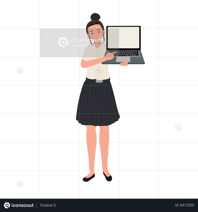 Un étudiant universitaire en uniforme présente avec un ordinateur portable  Illustration