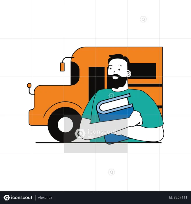 Étudiant venant à l'école en bus  Illustration