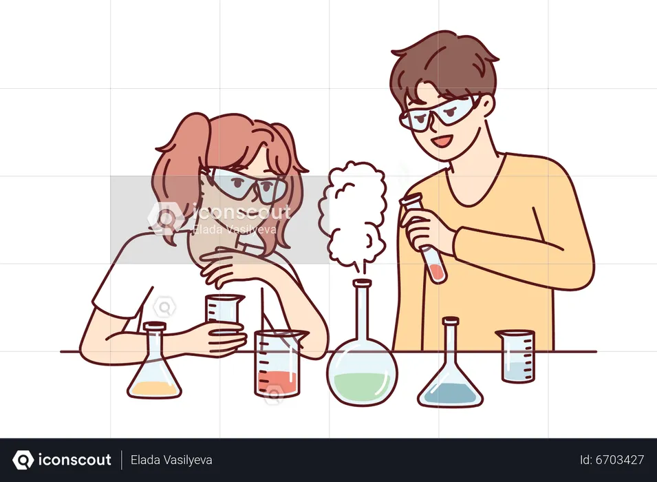 Étudiants faisant des expériences chimiques en laboratoire  Illustration