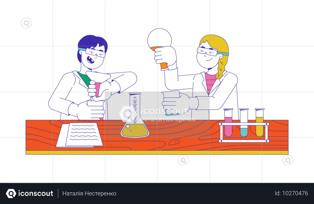 Des étudiants positifs et diversifiés travaillant dans un laboratoire de chimie  Illustration