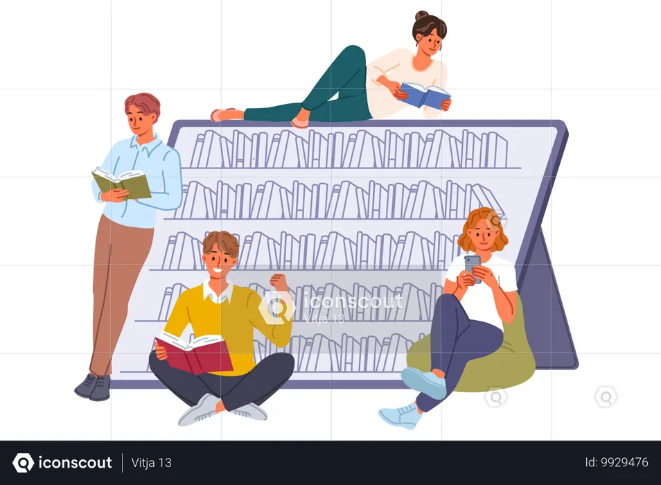 Les étudiants visitant la bibliothèque électronique lisent des livres à l'aide de gadgets  Illustration