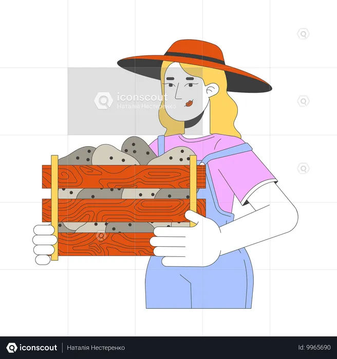 European female holding heavy crate with potatoes  Illustration