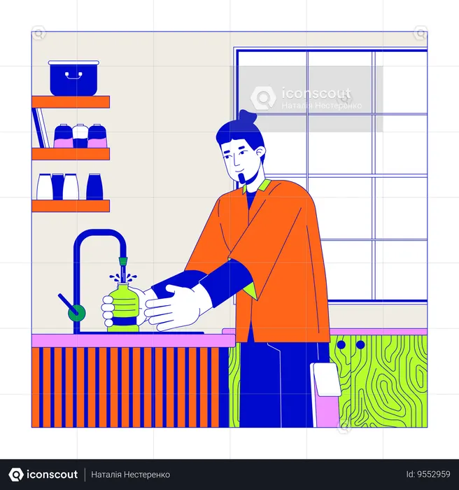 European guy filling bottle with water in kitchen  Illustration