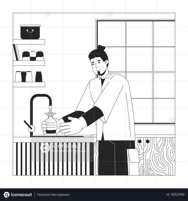 European guy filling bottle with water in kitchen  Illustration