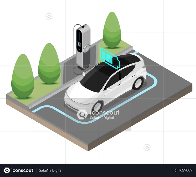 EV Electric Car stop Charging Station  Illustration