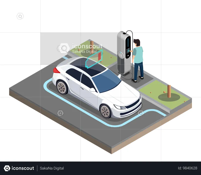 EV Elektroauto hält an Ladestation  Illustration