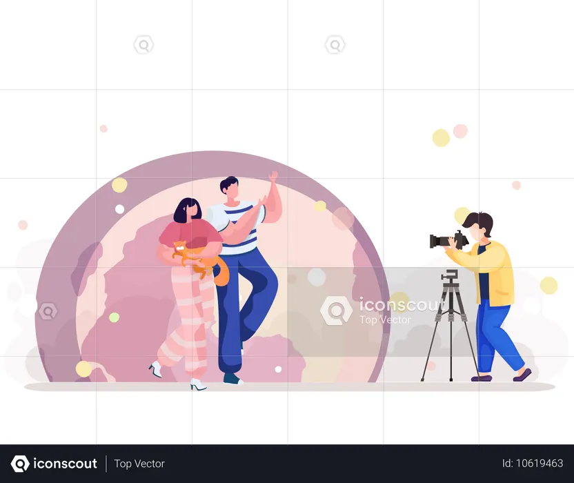 Evening photo session of the couple with their pet  Illustration