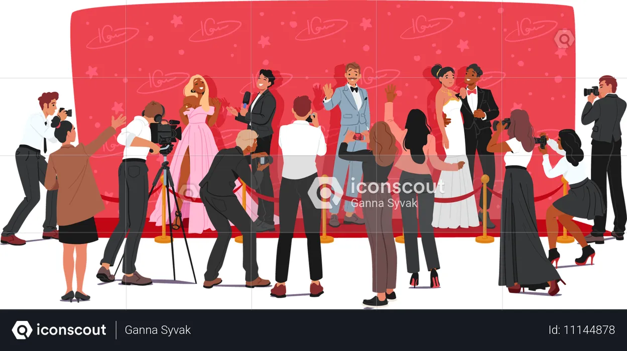 Evento glamoroso no tapete vermelho com celebridades posando para fotógrafos e repórteres, cena de desenho animado vetorial  Ilustração