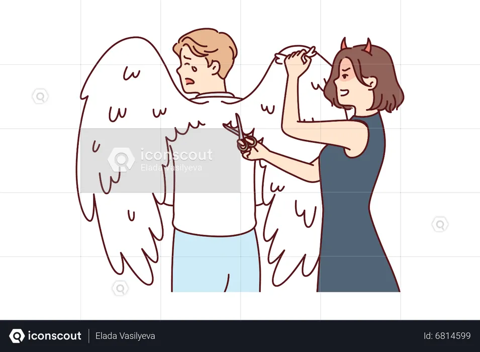 Evil girl cut wings of man  Illustration