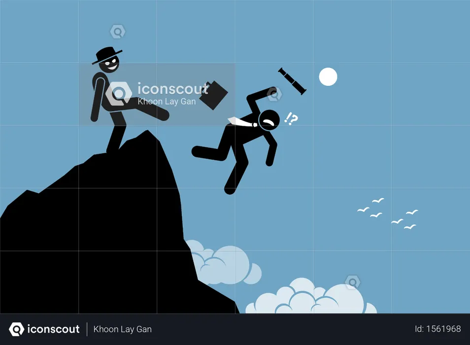 Evil man kicking down his business partner from the top of the hill  Illustration