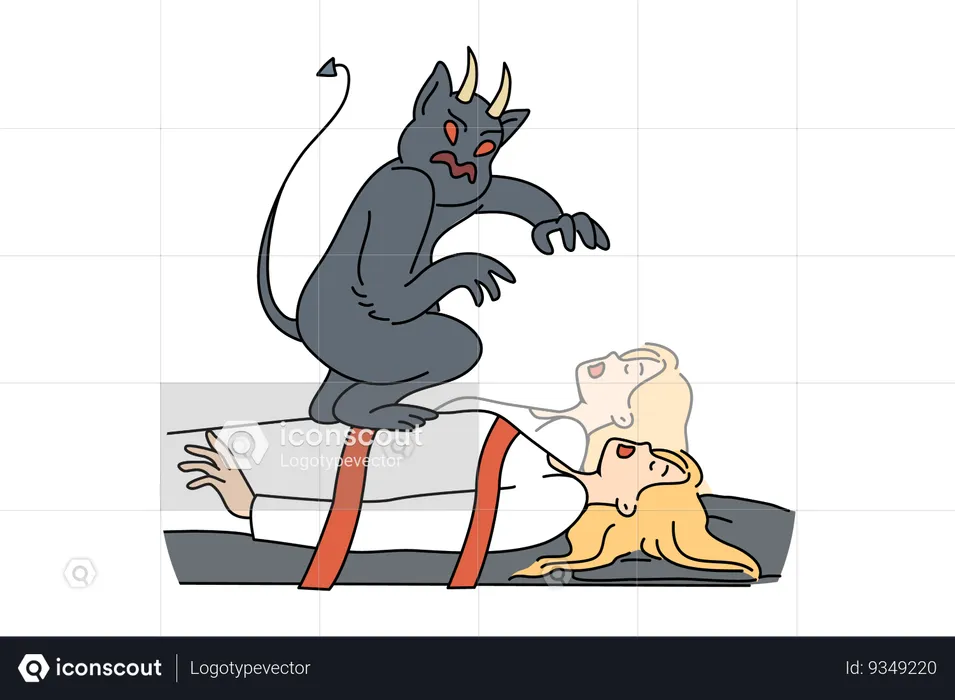 Evil monster steals soul of sleeping and bound woman who needs protection from fairytale devil  Illustration