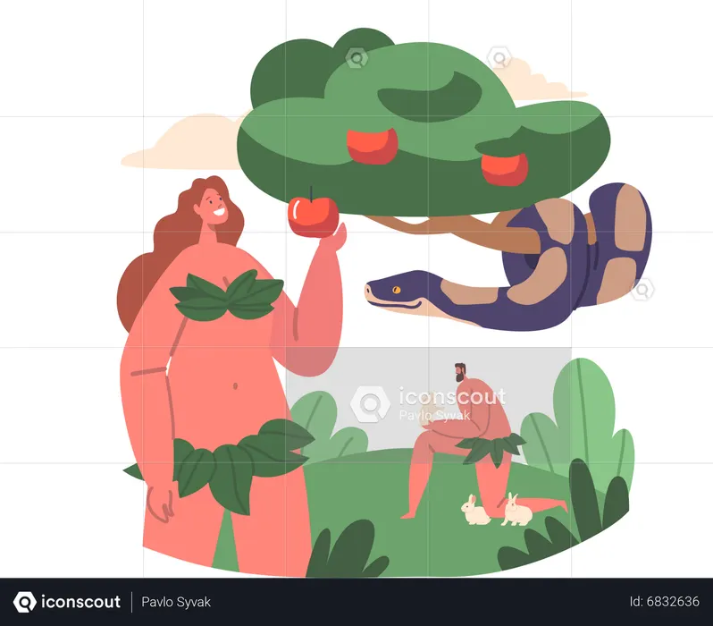 Evil Serpent Deceive And Tempt Eve Into Eating Fruit From Forbidden Tree  Illustration