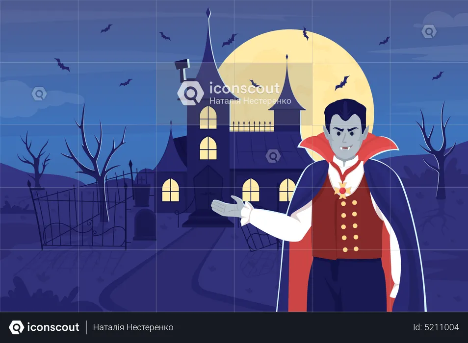 Evil vampire inviting to his house  Illustration