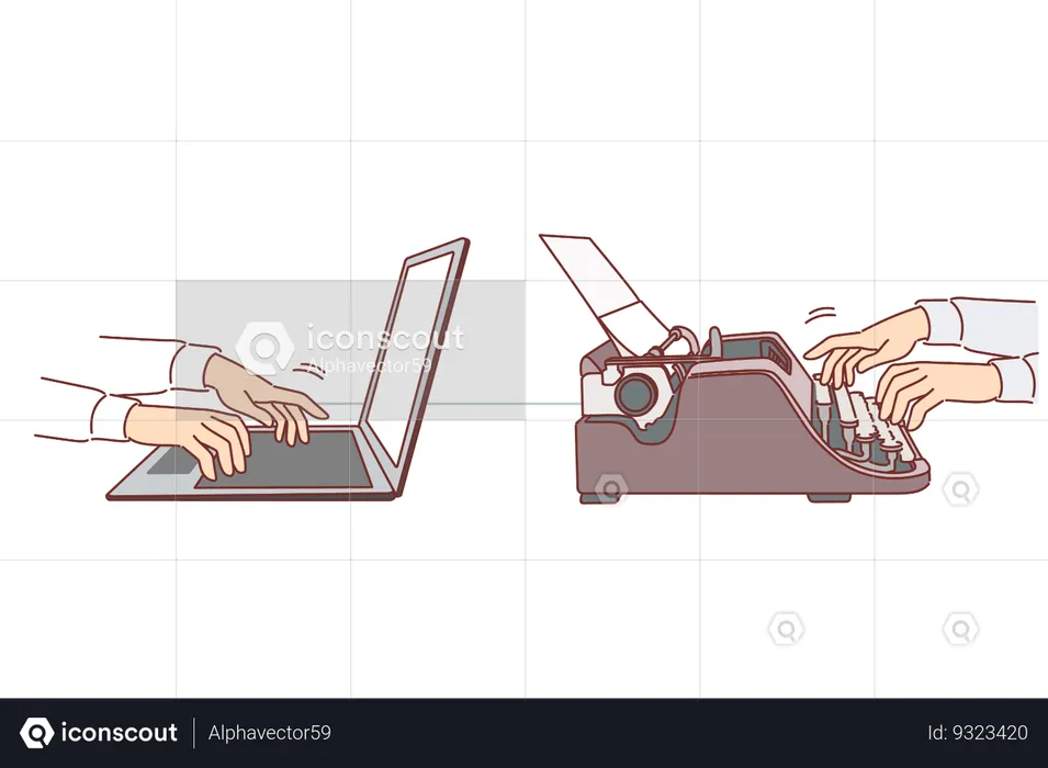 Evolução da velha máquina de escrever transformada em laptop moderno graças ao desenvolvimento da tecnologia  Ilustração