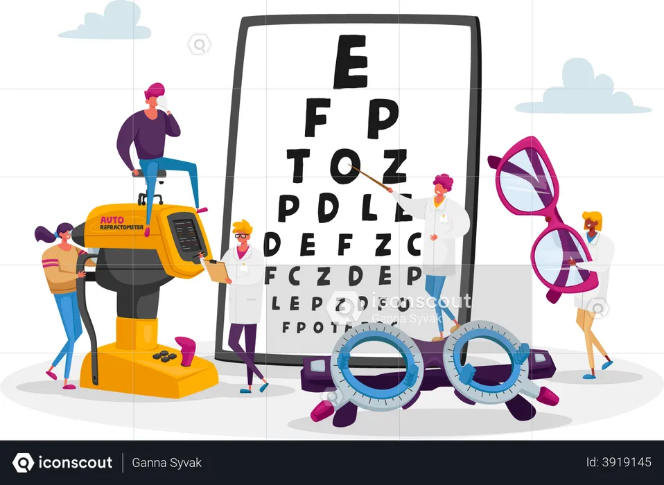 Examen d'opticien professionnel pour le traitement de la vue  Illustration