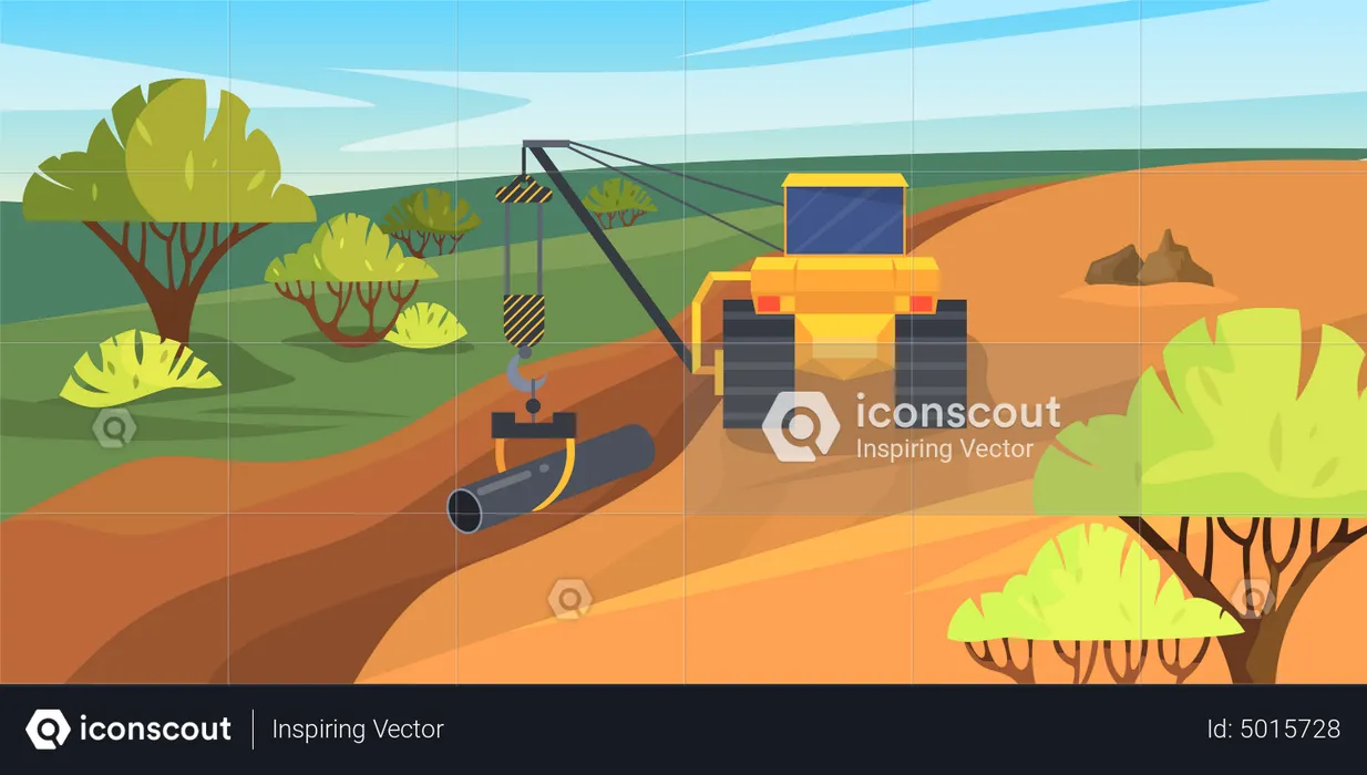 Excavator laying pipe in the ground  Illustration