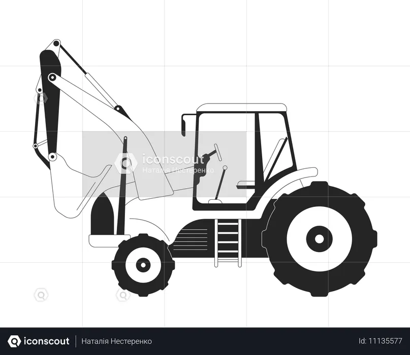 Excavator side view black and white 2D line object  Illustration