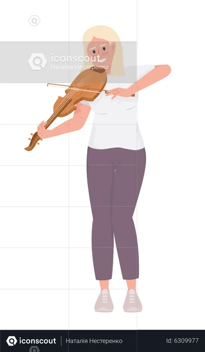 Excited blond woman playing violin with bow  Illustration