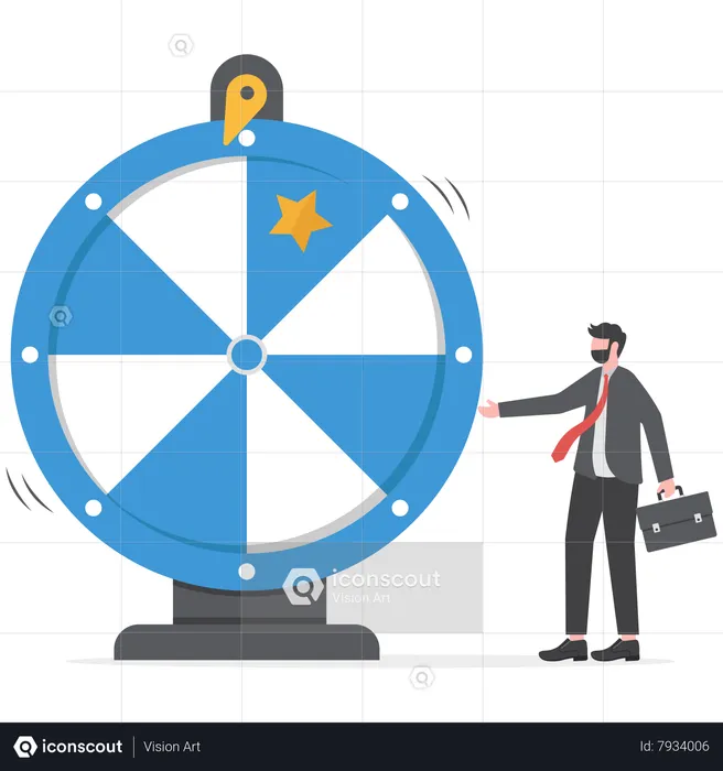 Excited businessman looking at spinning fortune wheel waiting for luck  Illustration