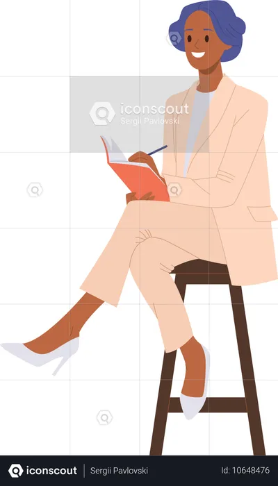 Excited businesswoman sitting on chair writing notes  Illustration