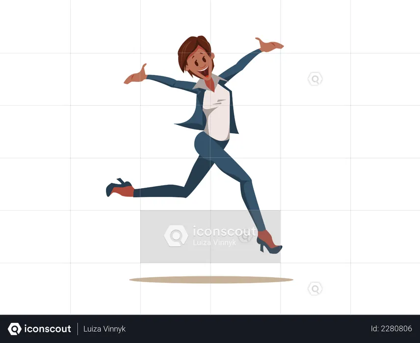 Excited Coworker Woman Wearing Pantsuit Jump Up  Illustration