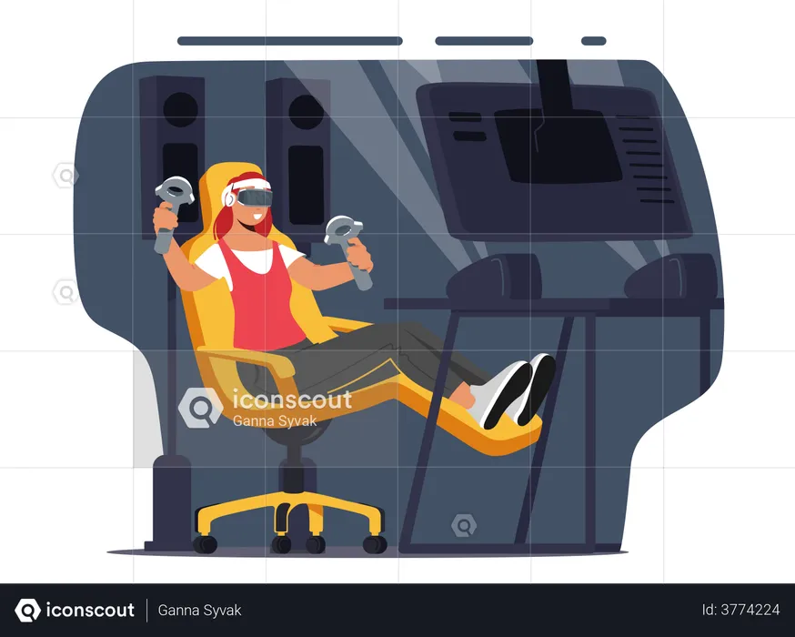 Excited Gamer Girl with Joysticks in Hands and VR Glasses Playing Games  Illustration