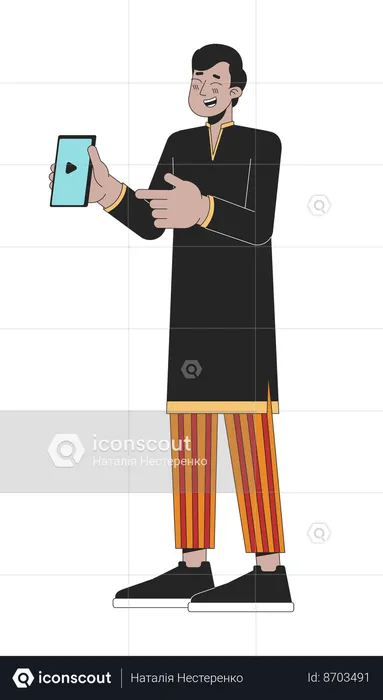 Excited giggling indian man pointing on cellphone  Illustration