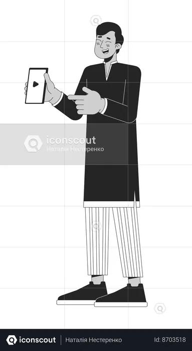 Excited giggling indian man pointing on cellphone  Illustration