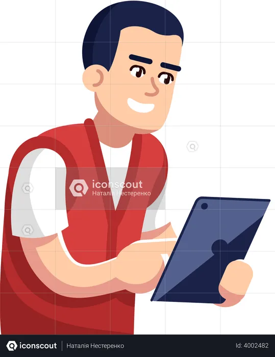 Excited guy playing games on tablet  Illustration