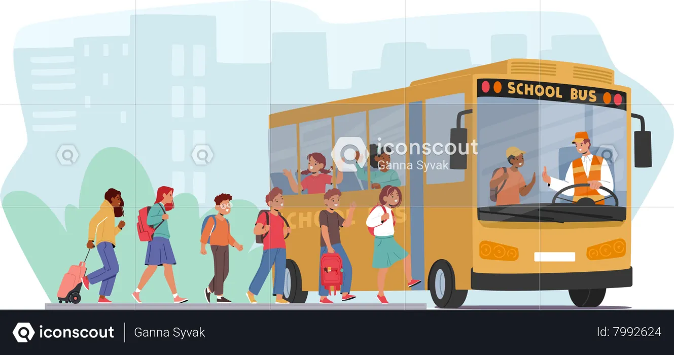 Excited Kids Eagerly Board The School Bus  Illustration